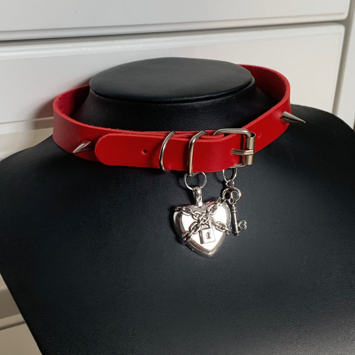 Jirai Kei Punk Metal Choker Pink Red PU Leather Necklace (Red) 29292:354352 (Red) 29292:354352