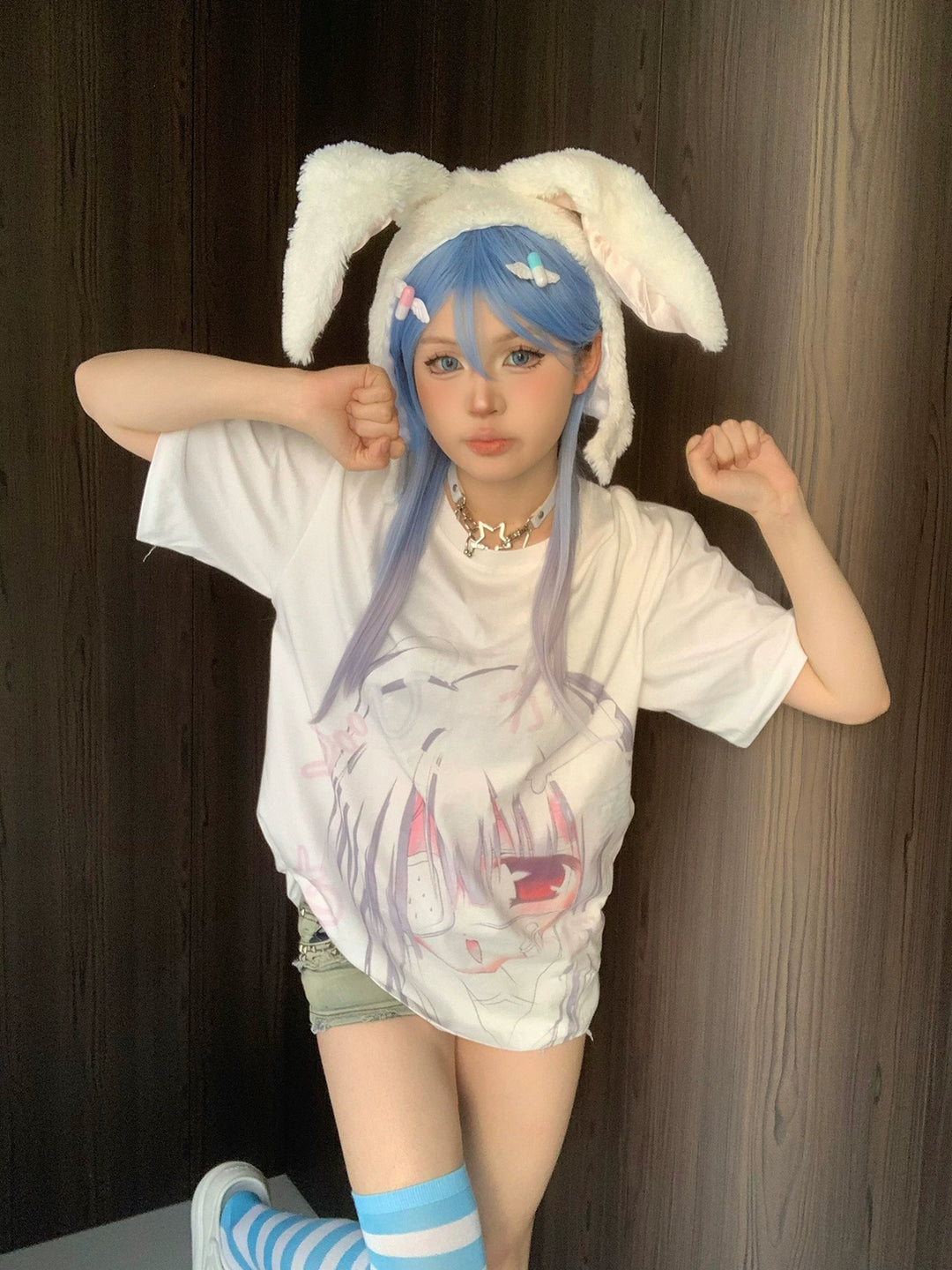 Jirai Kei Shirt Short Sleeve White shirt Anime Print Top 38000:579388