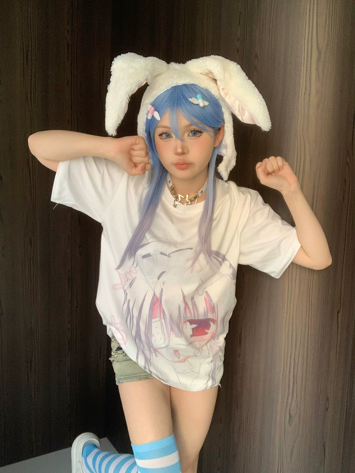 Jirai Kei Shirt Short Sleeve White shirt Anime Print Top 38000:579388