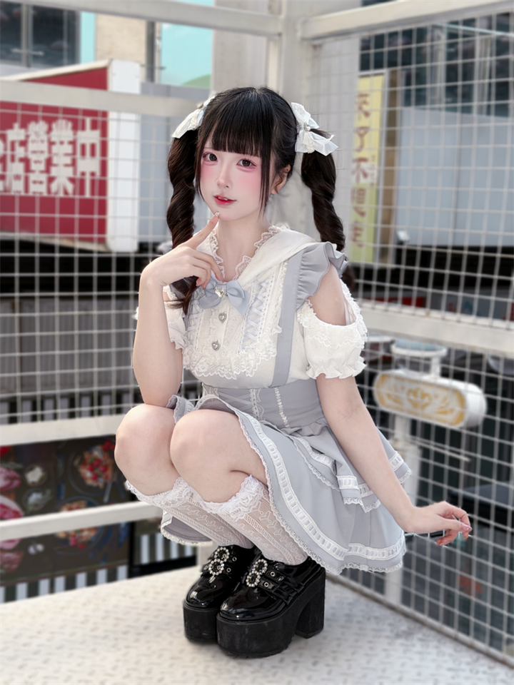 Ryousangata Bunny Ear Hooded Blouse, Tiered Suspender Skirt 45575:858429