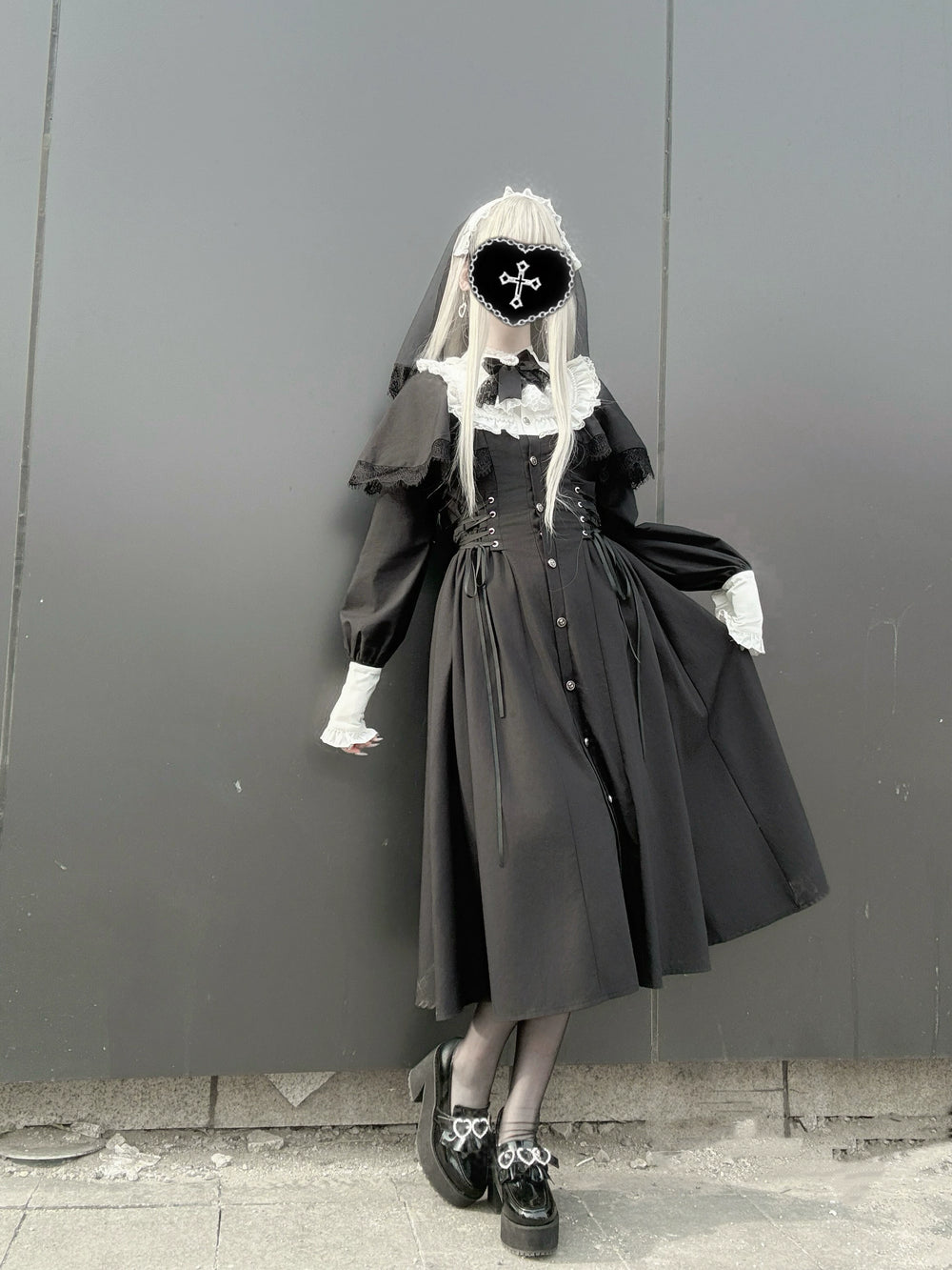 Black and White Jirai Kei Long Dress, Cape-Style 44711:819540