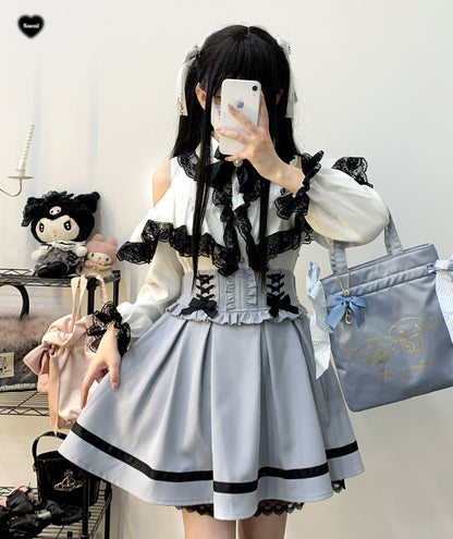 Jirai Kei Skirt High Waist Lace Up Skirt With Bow Tie 31860:396628