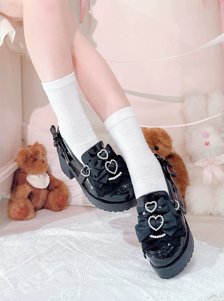 Jirai Kei Chunky Heel Slip-on Shoes, Bows and Pearls 45868:866968