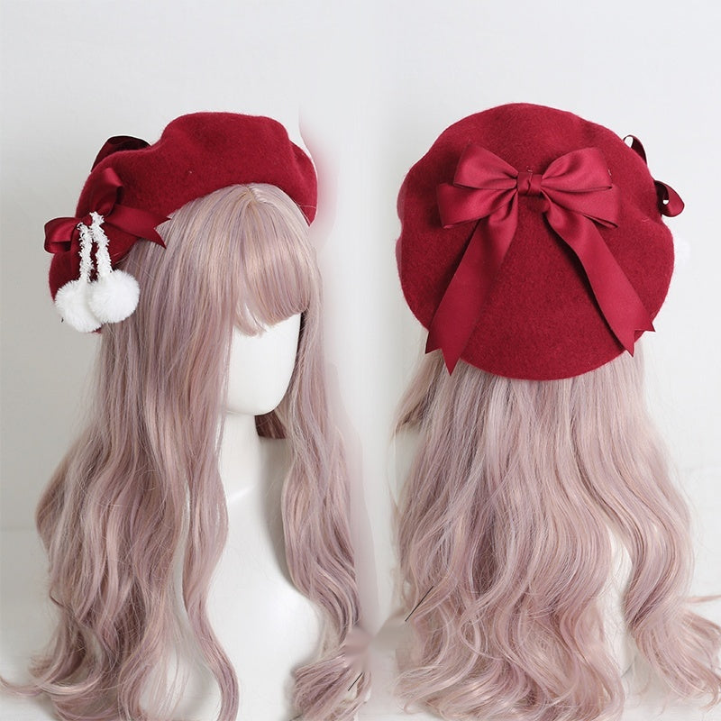 Lolita Hat Wool Beret Felt Ball Bow Beret Multicolor 28930:350682