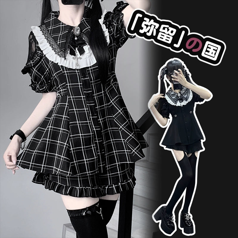 Jirai Kei Dress Set Black Plaid Dress With Puritan Collar 39506:635874