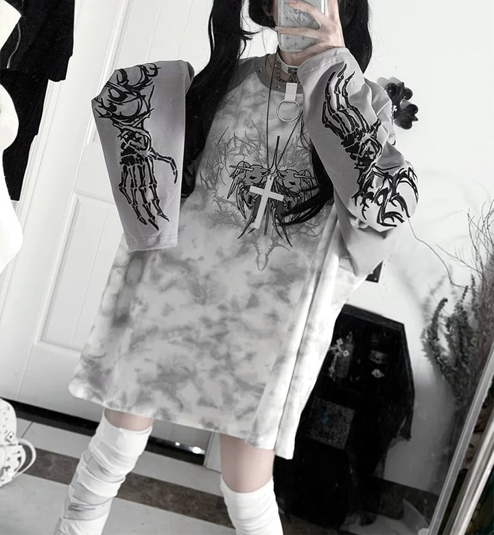 Gothic Long Sleeve Cotton T-Shirt, Demon Ram Embroidery 46062:875020