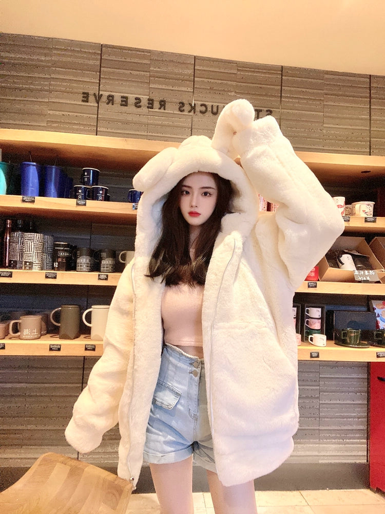 Jirai Kei Winter Coat Thick Fleece Hooded With Cute Bunny Ears 32468:386340 32468:386340