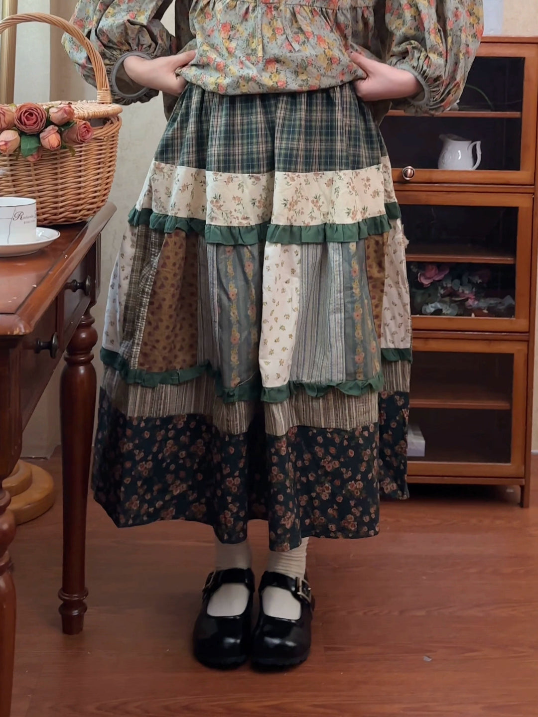 Mori Kei Skirt Retro Plaid Patchwork Floral Long Skirt 41800:714050