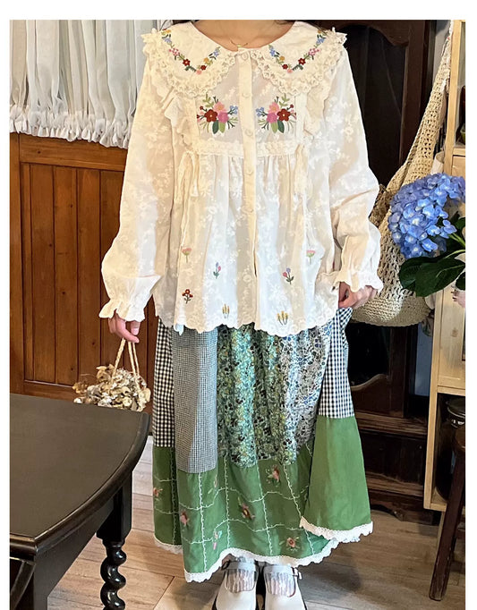 Mori Kei Skirt Green Floral Patchwork Skirt Vintage Skirt 36224:524908