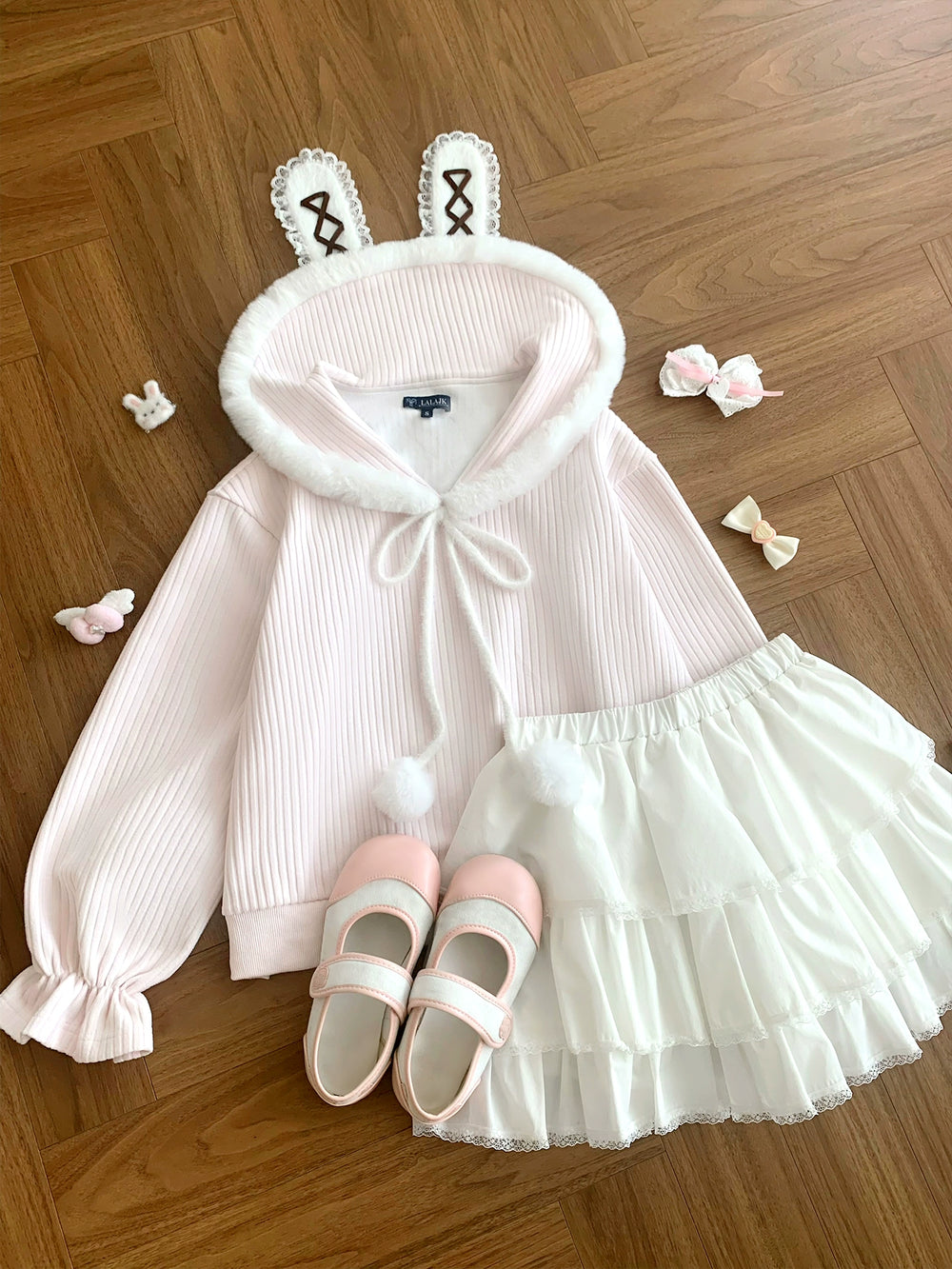 Kawaii Bunny Ear Hoodie, Tiered Skirt (L M S) 43936:791155