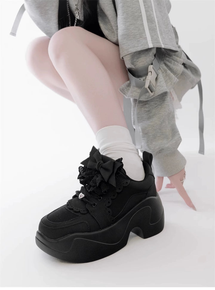 Jirai Kei Sneakers Platform Shoes With Lace Bow and Ruffle Trim 42161:729233