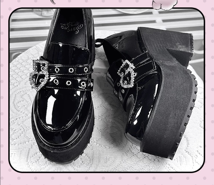 Punk Slip-on Platform Shoes, Heart Rhinestone Buckle Strap 45864:867050
