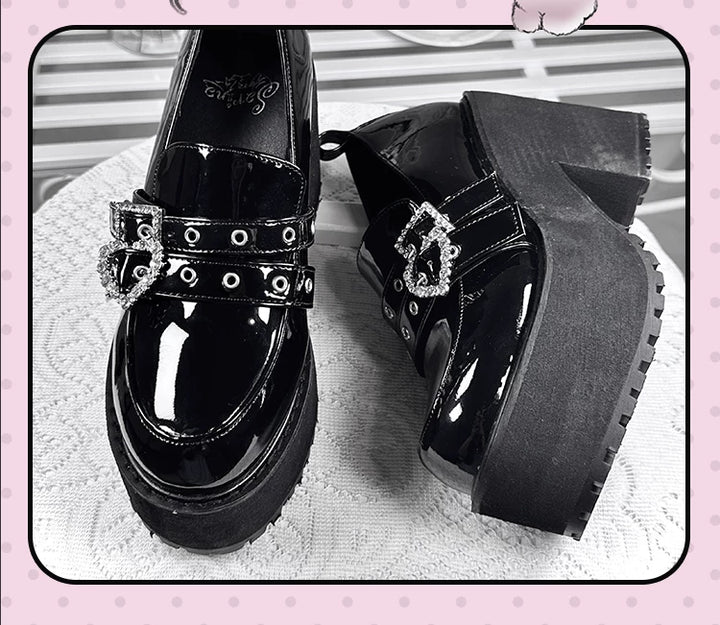 Punk Slip-on Platform Shoes, Heart Rhinestone Buckle Strap 45864:867050