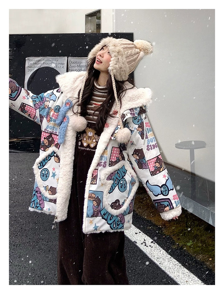 Kawaii Winter Coat Thickened Print Reversible Hooded Coat 39796:640932