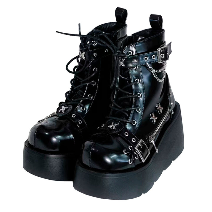 Punk Shoes Black White Platform Gyaru Fashion Combat Boots 29710:368894