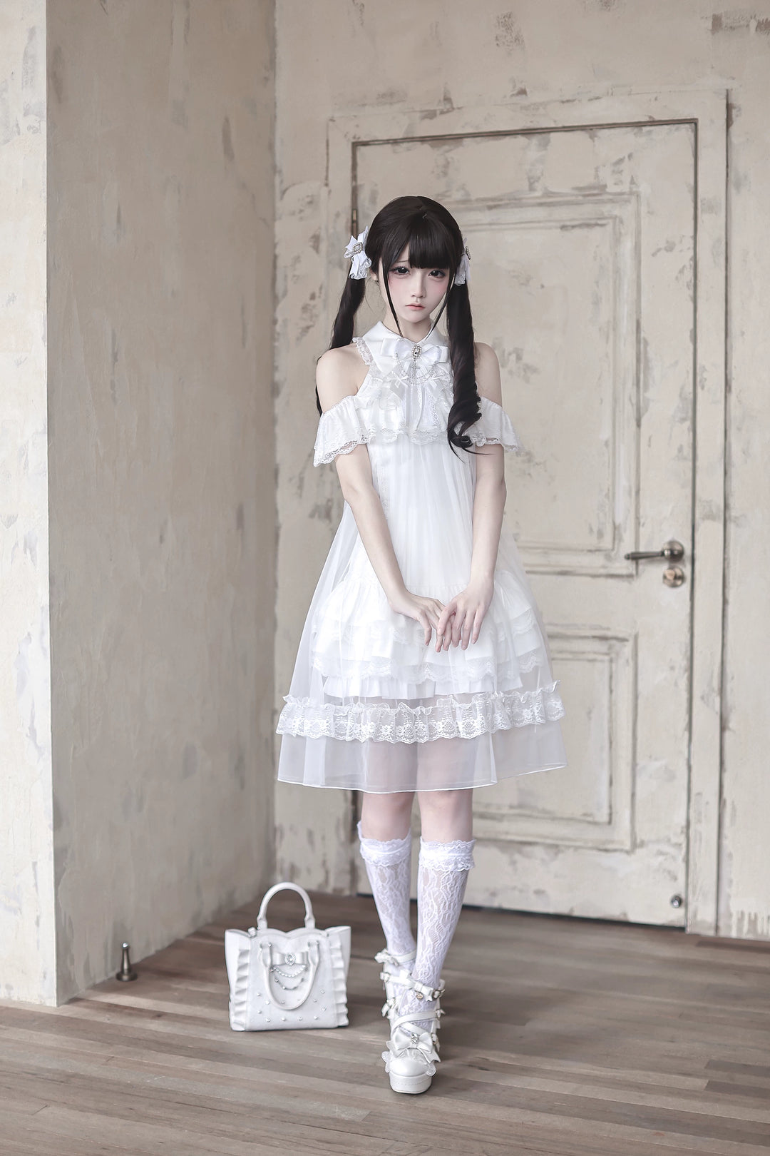 White Lace Open Shoulder Dress, Voile Outer Layered 45423:850585