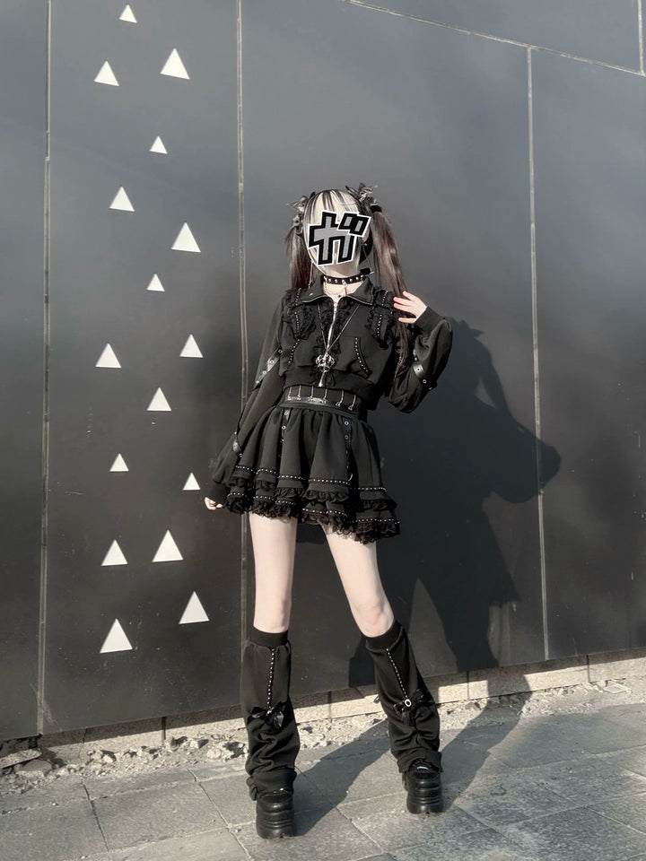 Punk Jacket and Skirt, Cross Zipper and Studs 45649:858244
