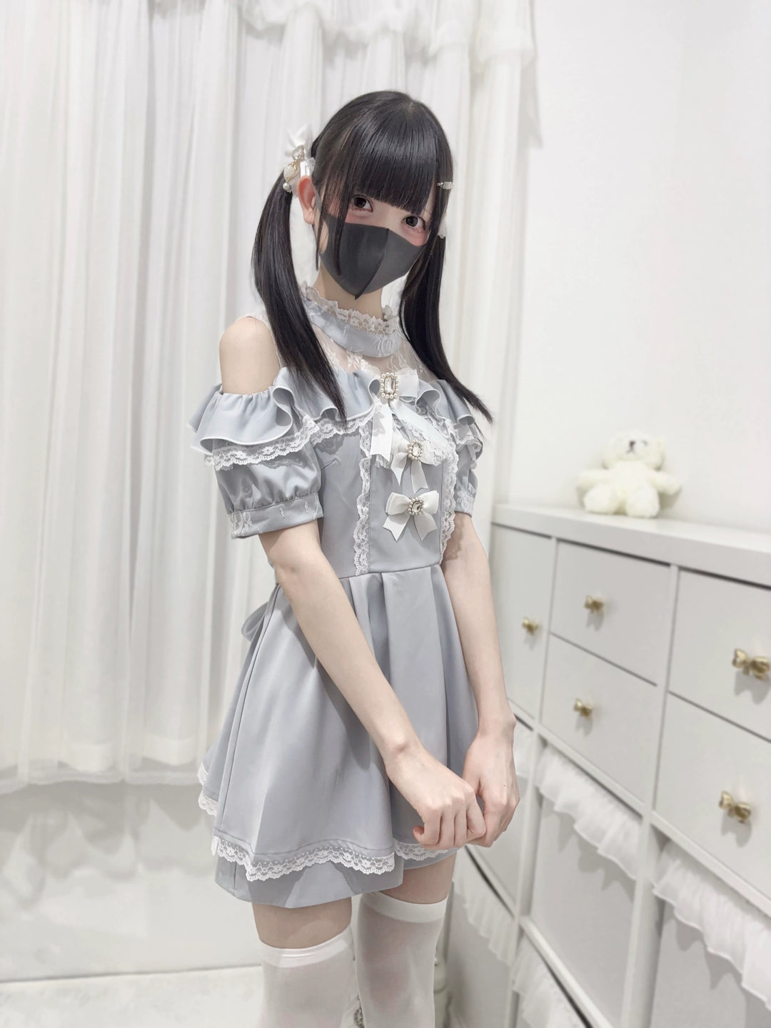 Jirai Kei Dress Set Off-Shoulder Lace Dress Stand Collar (L M) 38736:600774