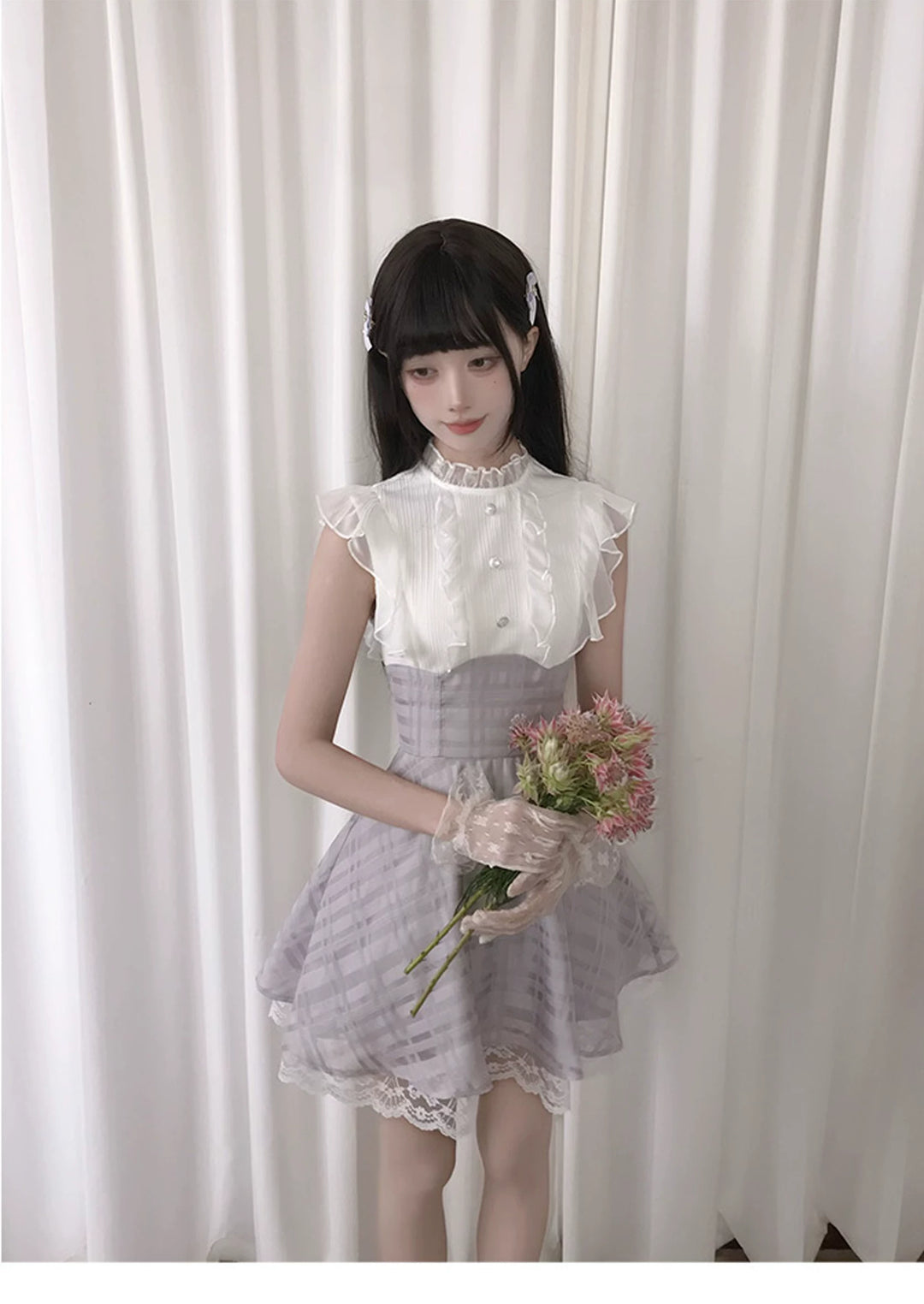 Sleeveless Seiso Kei High-Waist Dress, Purple Plaid Hem 44974:834215