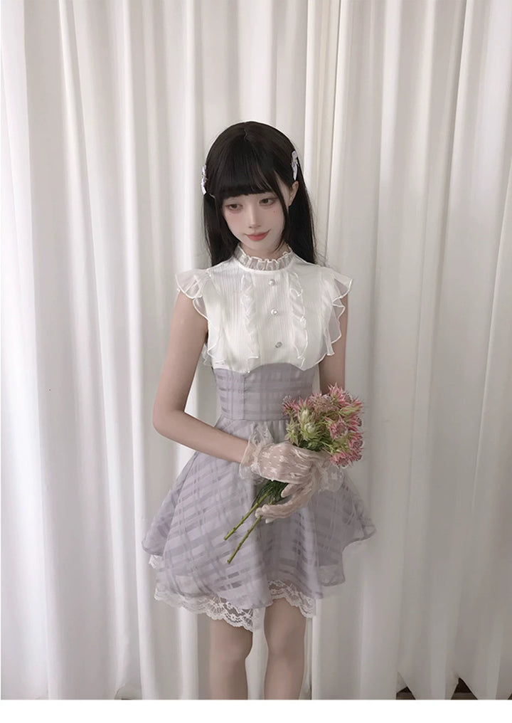 Sleeveless Seiso Kei High-Waist Dress, Purple Plaid Hem 44974:834215