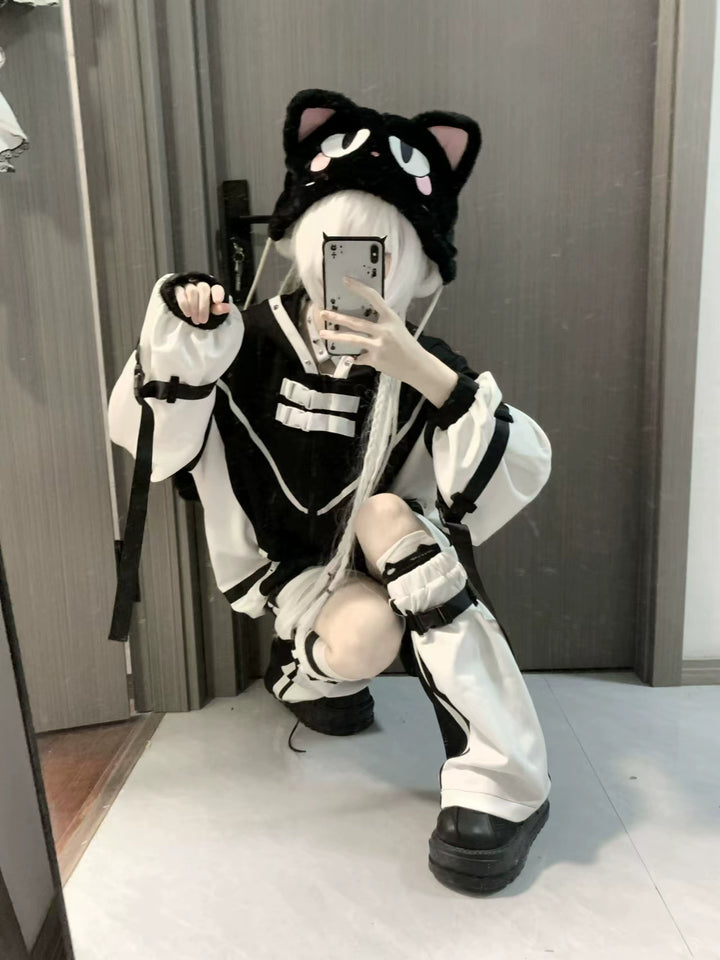 Jirai Kei Outfit Cat Hoodie Black White Coat Shorts Leg Warmer Set 41330:701108