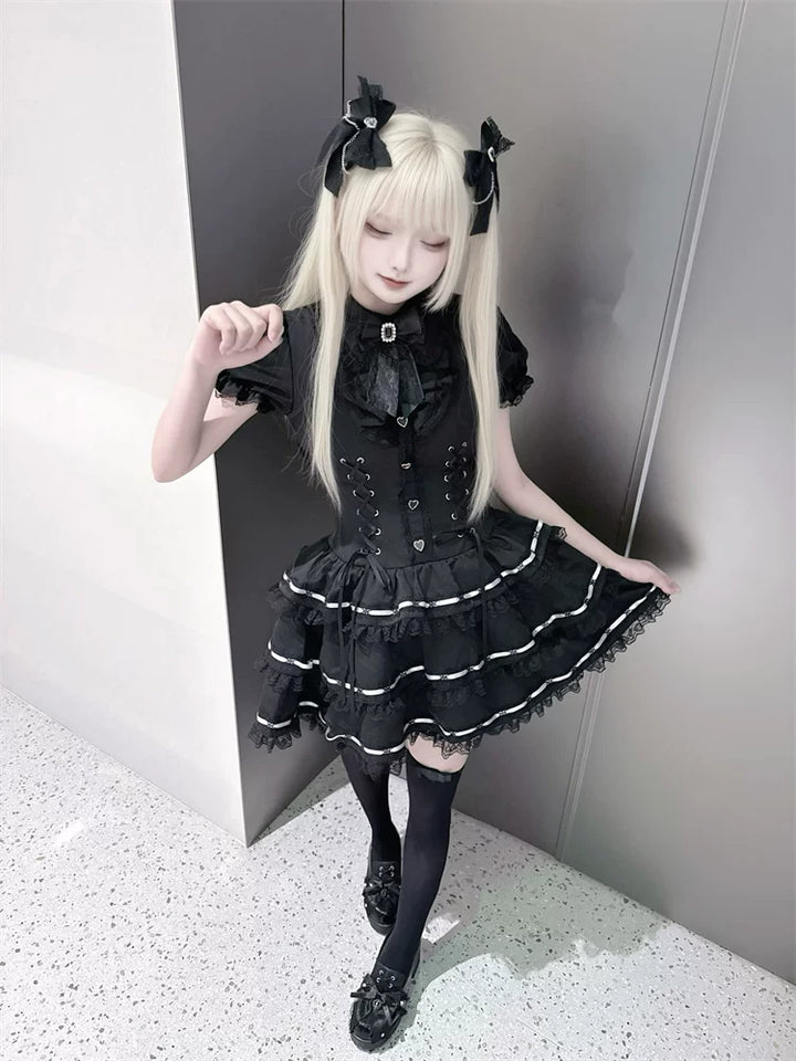 Puffy-Sleeved Jirai Kei Dress, Cake-Designed Hem 45569:854237