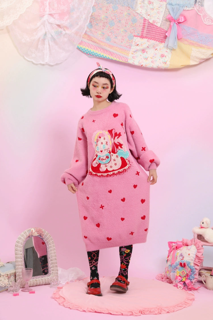 Kawaii Pink Sweater Dress Fluffy Dress With Heart Cat Patterns 31508:367798 31508:367798