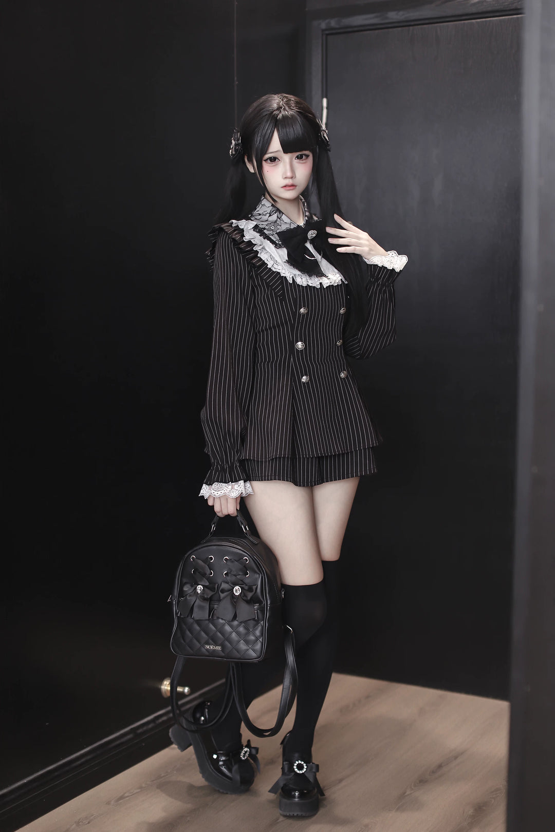 Black Striped Jirai Kei Set Up, Waist-cinching Dress 44921:828332