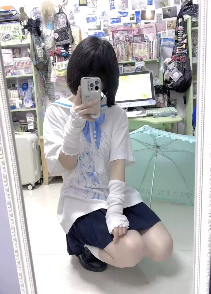 Cotton Tenshi Kaiwai Sailor Collar T-Shirt with Anime Girl Print 43094:765347