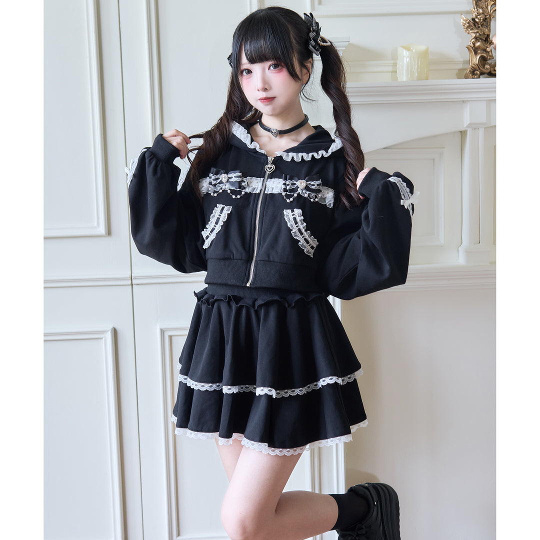 Sport Jirai Kei Hoodie Jacket Pants and Skirt with Lace Detail 42521:743624