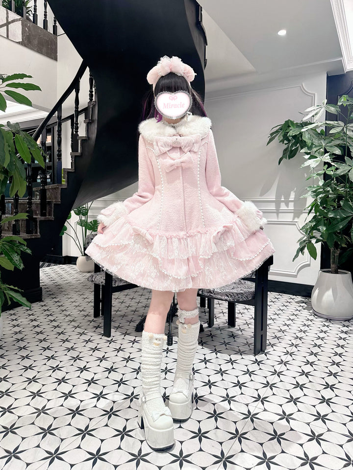 Ryousangata Winter Coat, Skirt-Like Lace hem (Pink / L M) 44198:799832