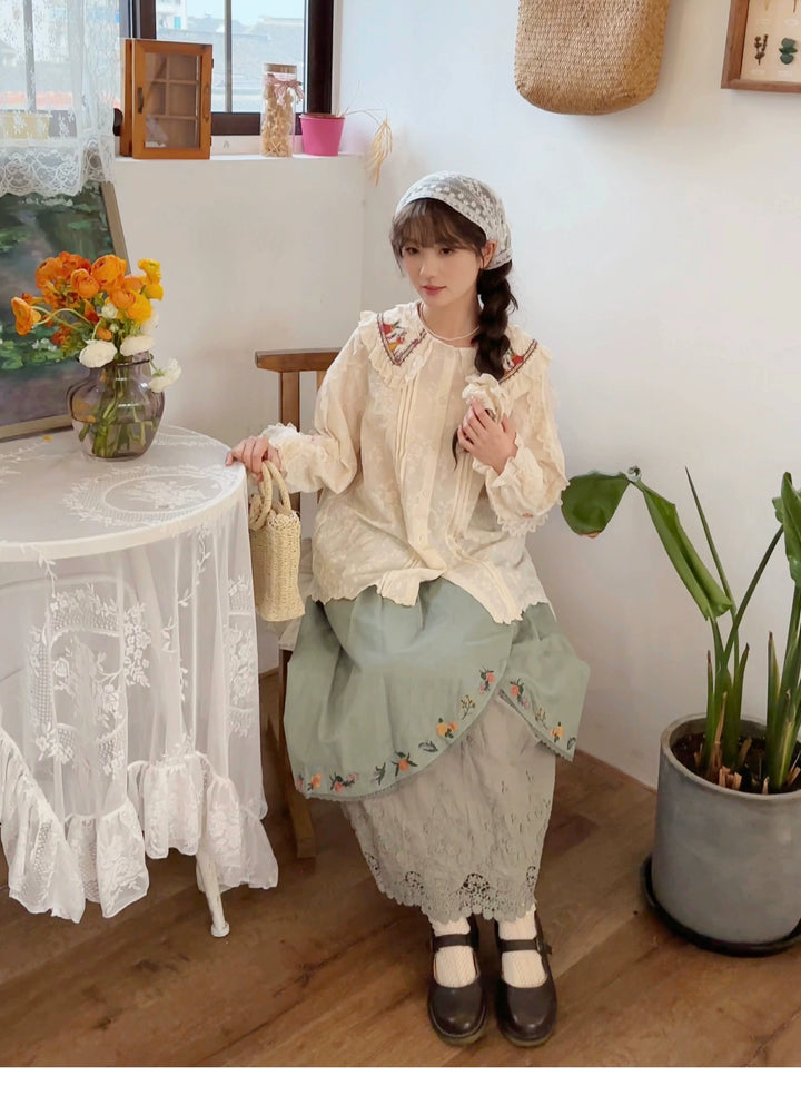 Mori Kei Skirt Sweet Retro Linen Embroidered Long Skirt 41802:714106