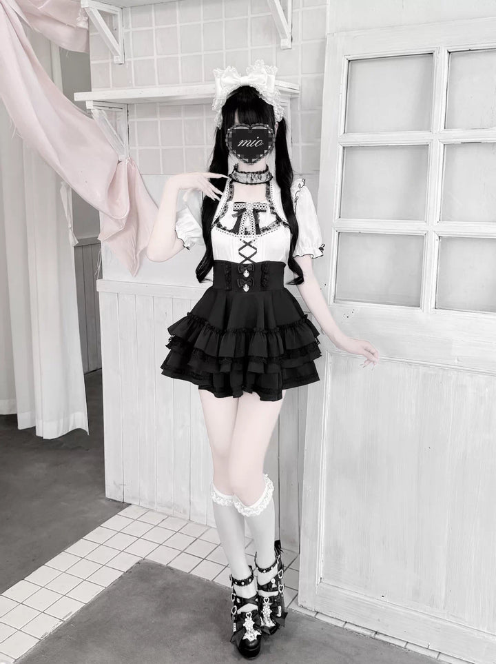 Jirai Kei Heart Lace Collar Blouse, High-waisted Tiered Skirt 45726:862539