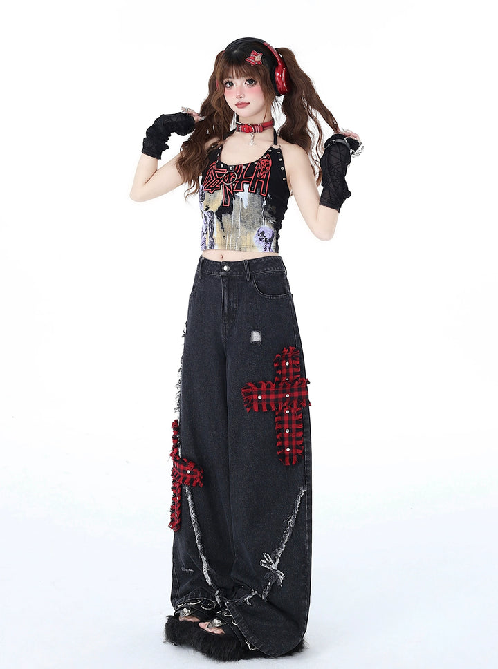 Punk Wide-Leg Pants Subculture Trousers Black Straight Jeans 39548:632752