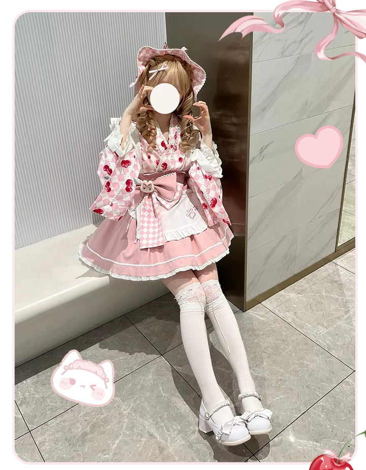 Kimono Lolita Plaid Princess Sleeve Shirt Kawaii Skirt Set 38964:606878