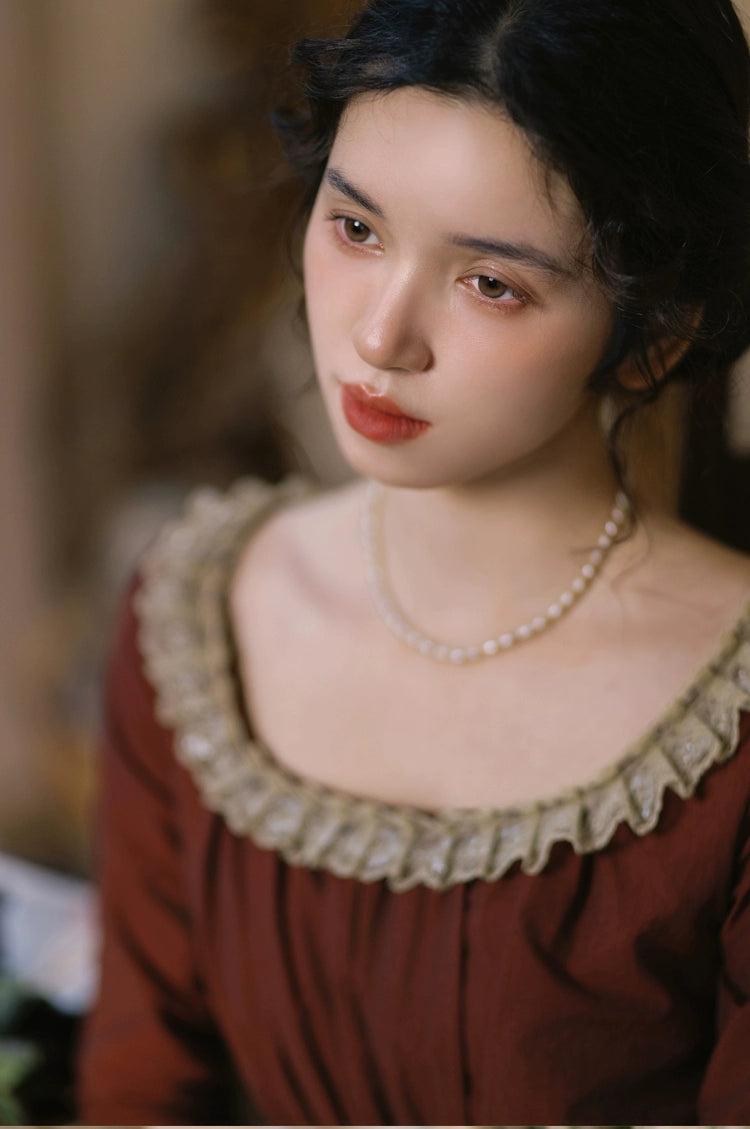 Mori Kei Dress Classical Oil Painting Dress Rust Red Dress 36348:544696