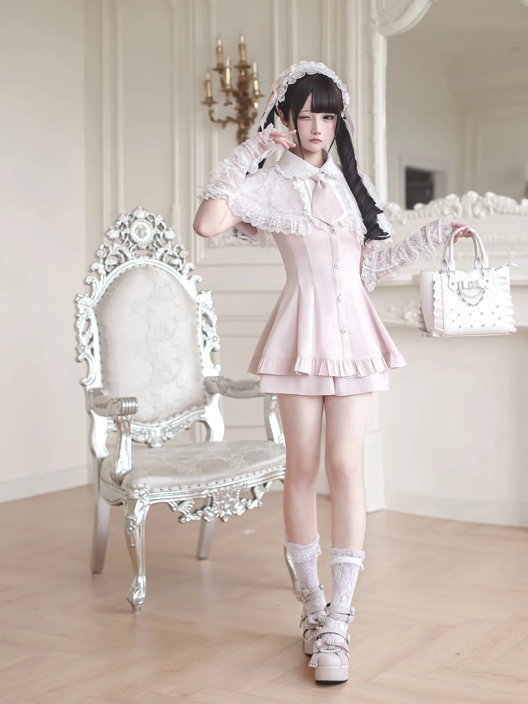 Jirai Kei Lace Shawl Dress Set, Detachable Tie 45193:840949