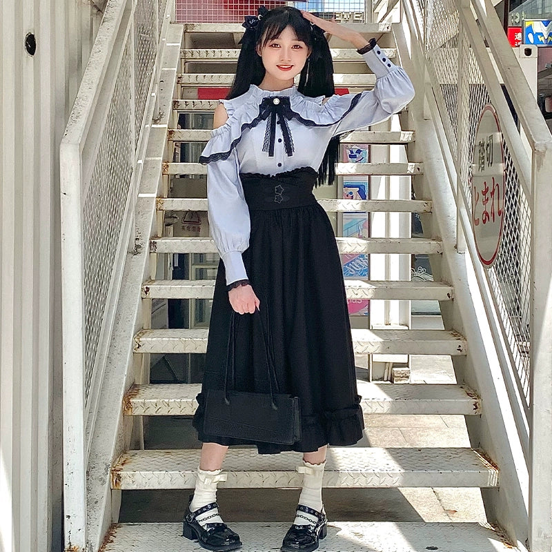 Jirai Kei Blue Long Sleeve Blouse Black Skirt (L M S XL) 29514:353402