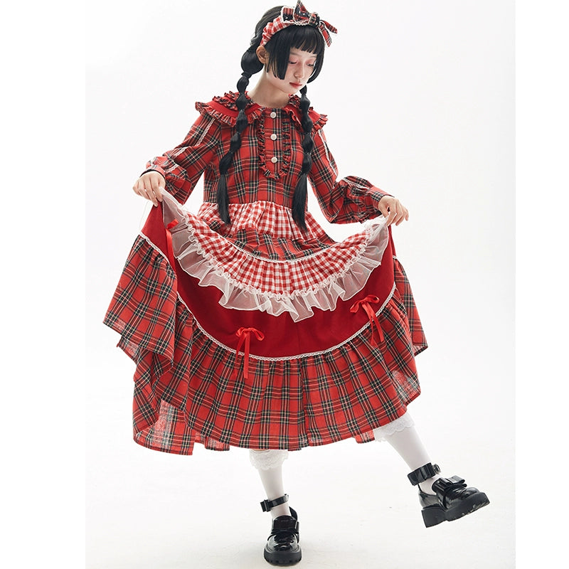 Sweet Lolita Dress Kawaii Dress Retro Dress Red Plaid Dress 36148:542768 36148:542768