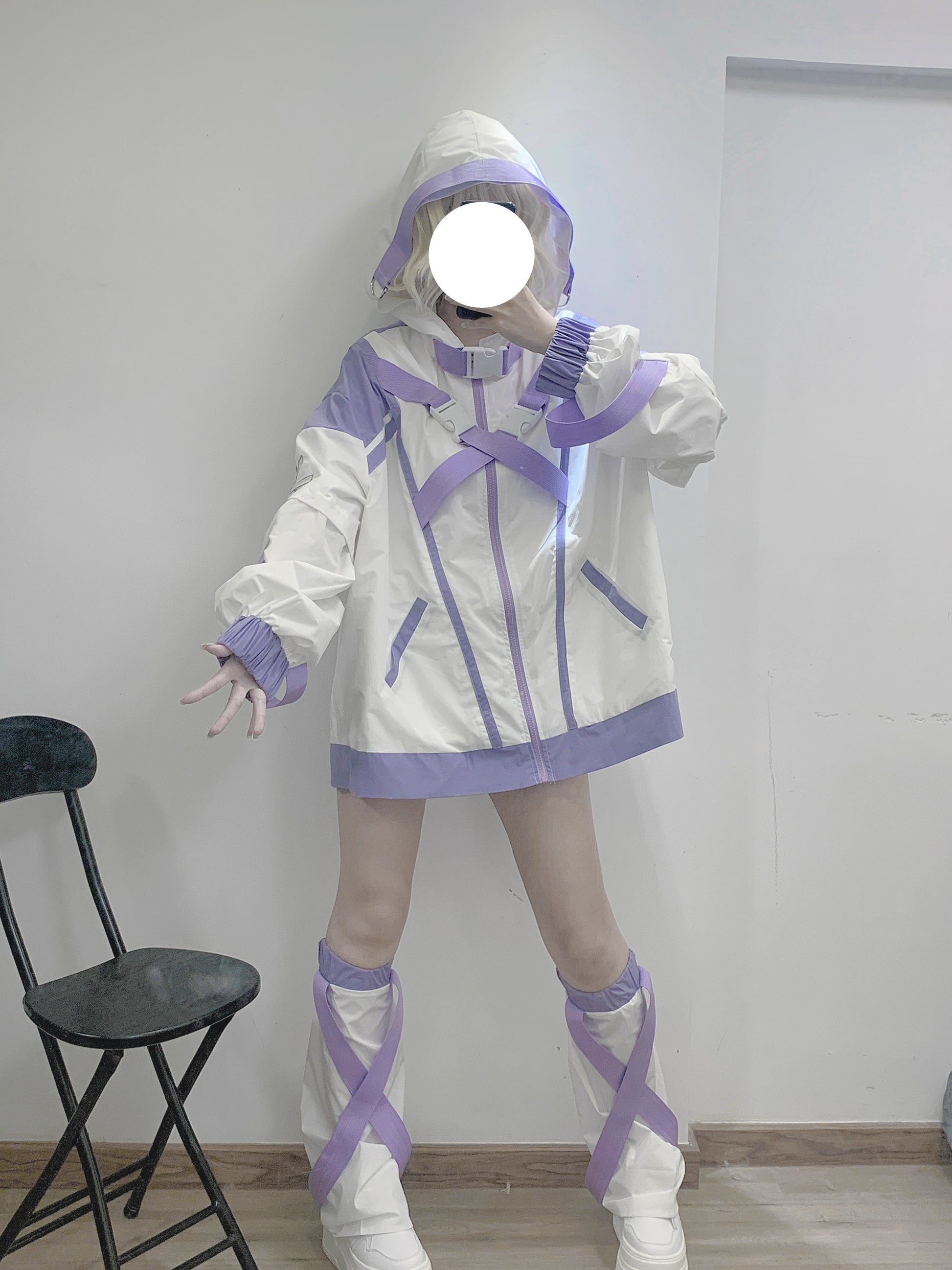 Jirai Kei Hoodie Set Oversize White Purple Sports Coat Set 37124:552948