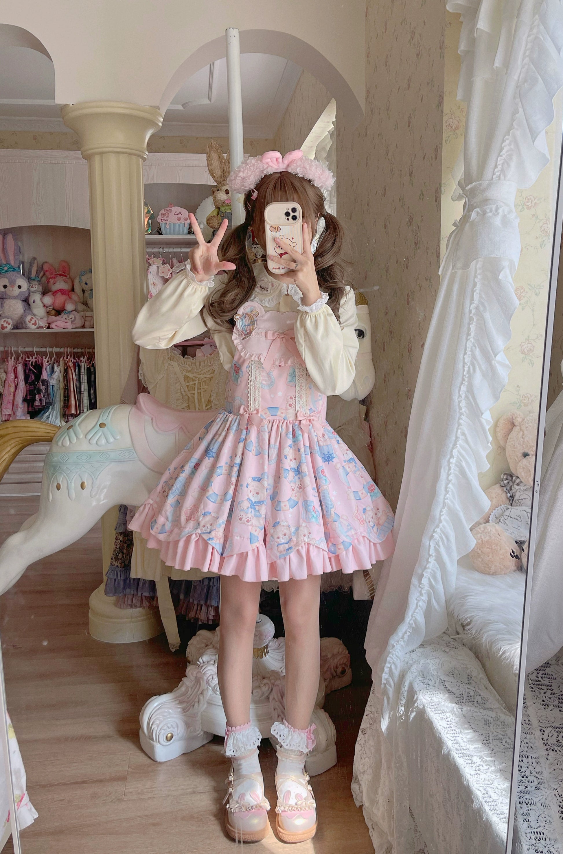 Sweet Lolita Dress Bear Print Jumper Dress Kawaii Salopette (L S) 37288:555348