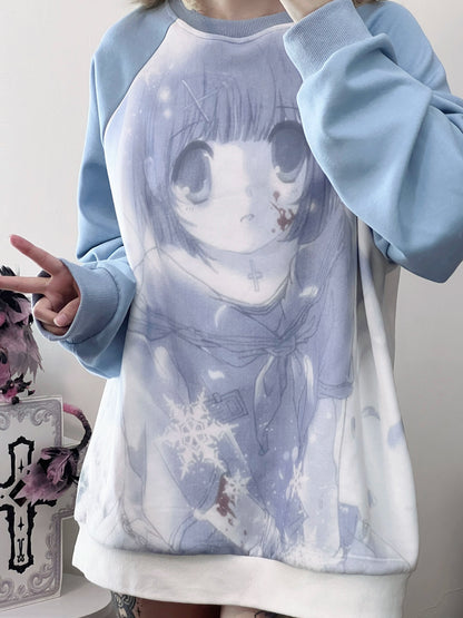 Jirai Kei Blue Sweatshirt Anime Girl Printed Sweatshirt 33326:430940