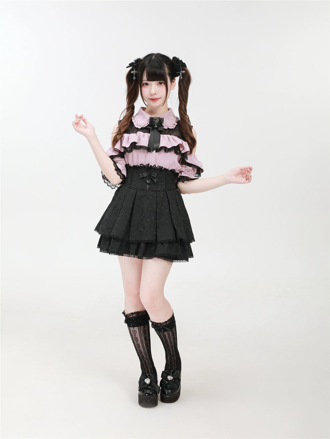 Jirai Kei Shirt with Bust Flounce Hem/Hidden Button 43035:762543