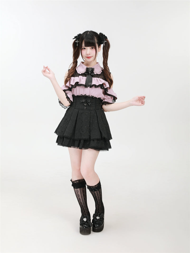 Jirai Kei Shirt with Bust Flounce Hem/Hidden Button 43035:762543