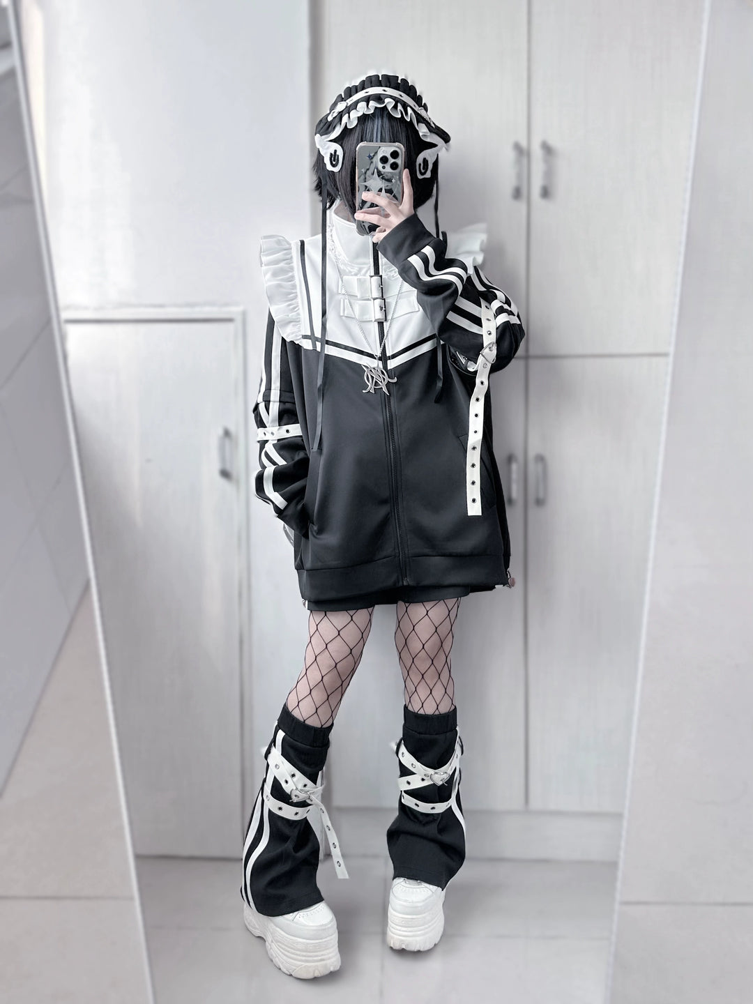 Jirai Kei Outfits Set Gray Black Jacket And Shorts Set 35728:502642