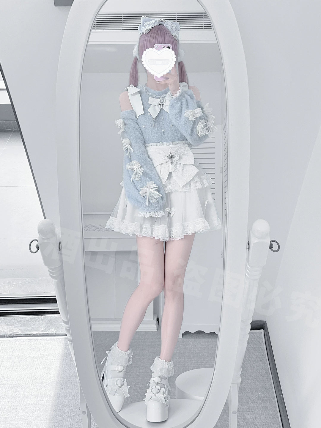 Jirai Kei Open-Shoulder Sweater, High-Waist Cross Skirt 44377:807429