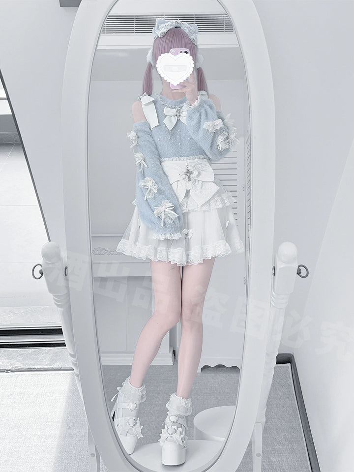 Jirai Kei Open Shoulder Plush Sweater, Tiered Skirt 44565:812985