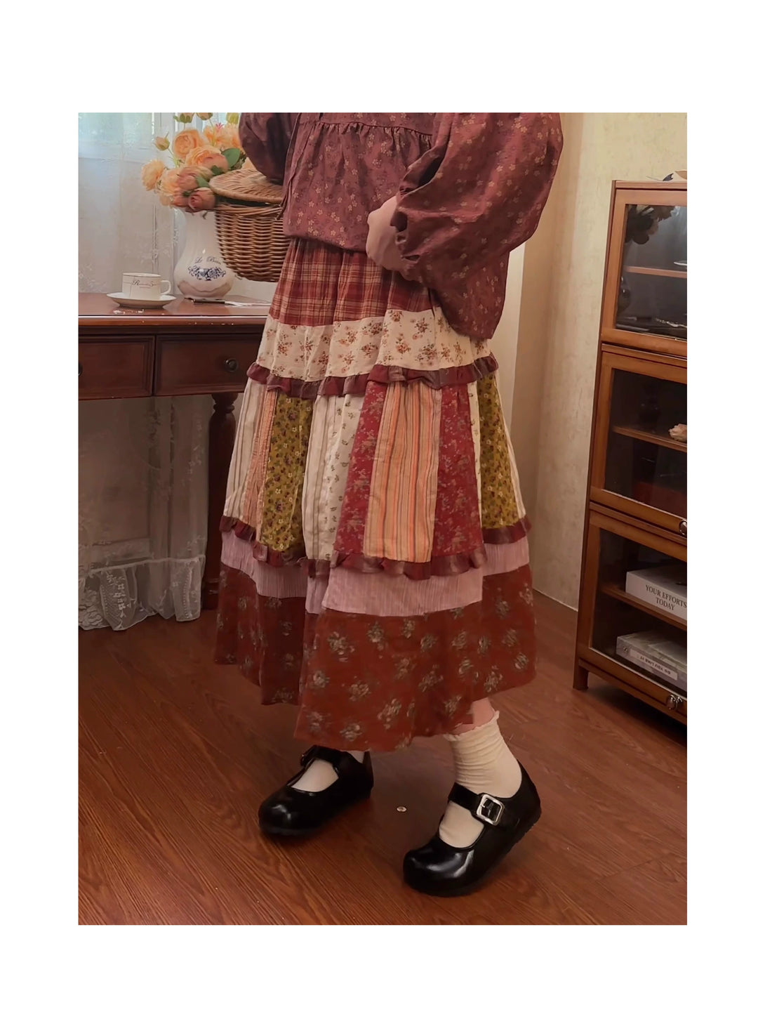 Mori Kei Skirt Retro Plaid Patchwork Floral Long Skirt 41800:713970