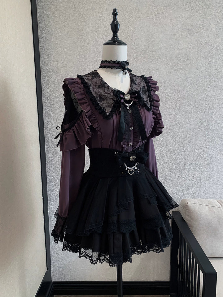 Jirai Kei Long Sleeve Blouse, Lace Open-Shoulder (L M S XL) 44588:815036