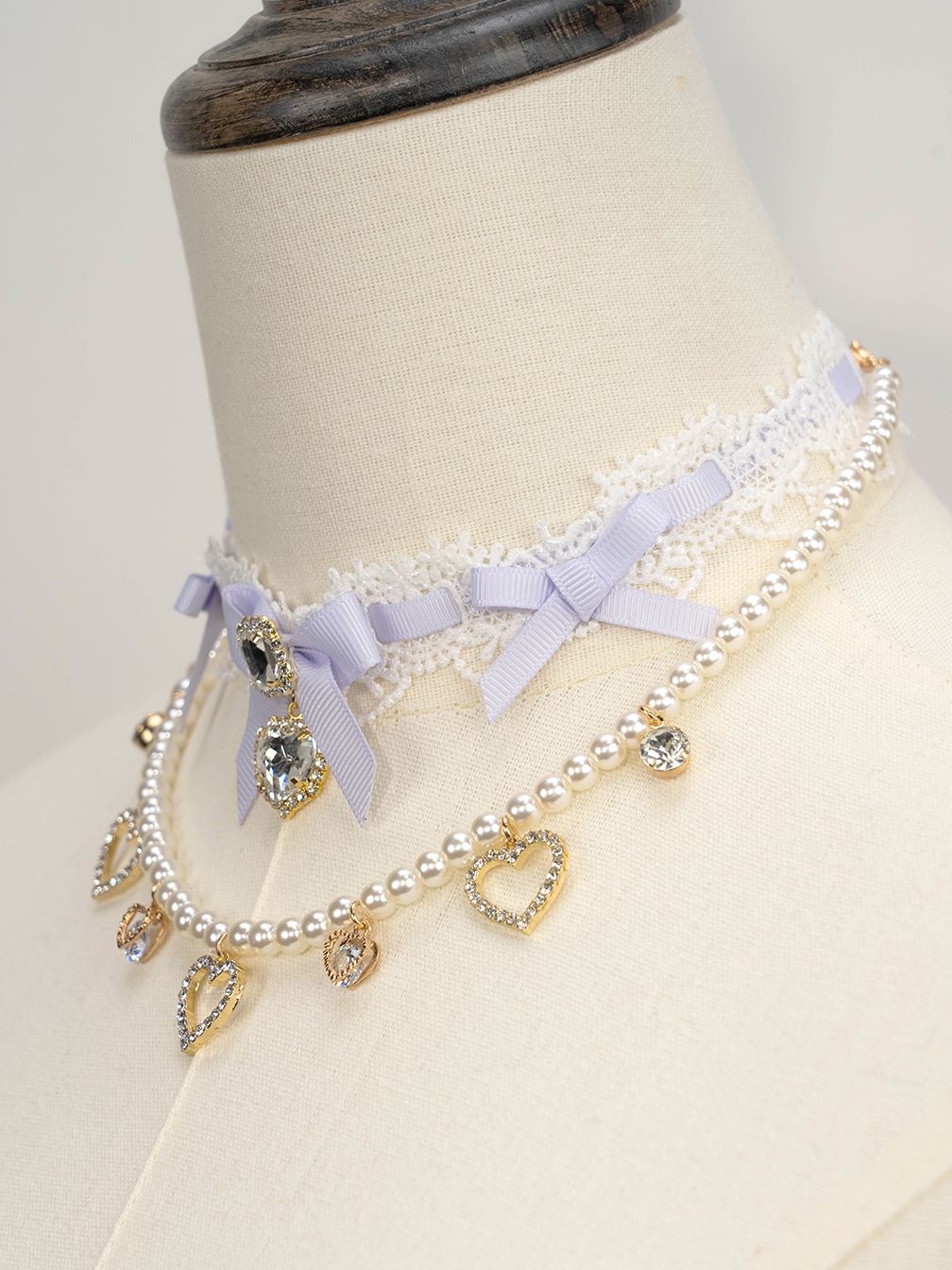 Jirai Kei Necklace Double-layered Pearl Rhinestone Choker 33806:446388